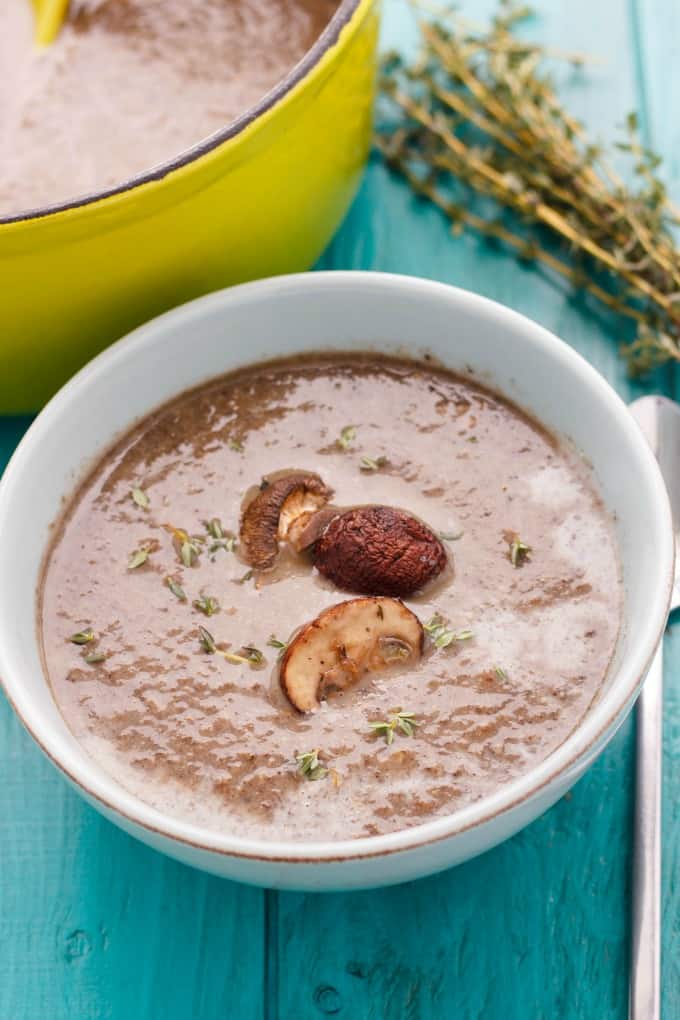 Milestones' Roasted Mushroom Soup in white bowl top view#copycat