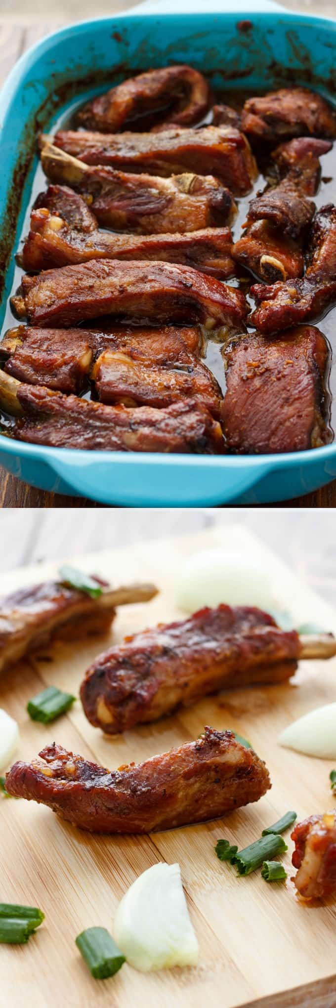 Dry Garlic Ribs Canadian Chinese Style in blue pot and on wooden pad#ribs