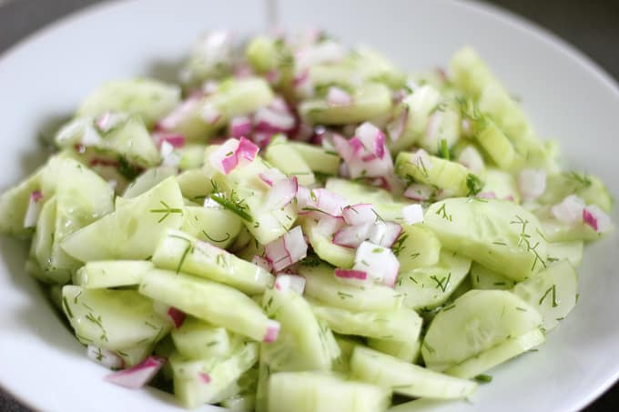 Cucumber Salad with Fresh Dill on white plate 1