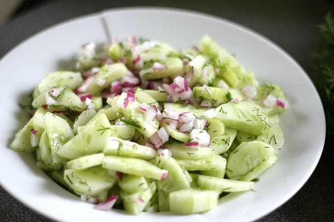 Cucumber Salad with Fresh Dill on white plate 2