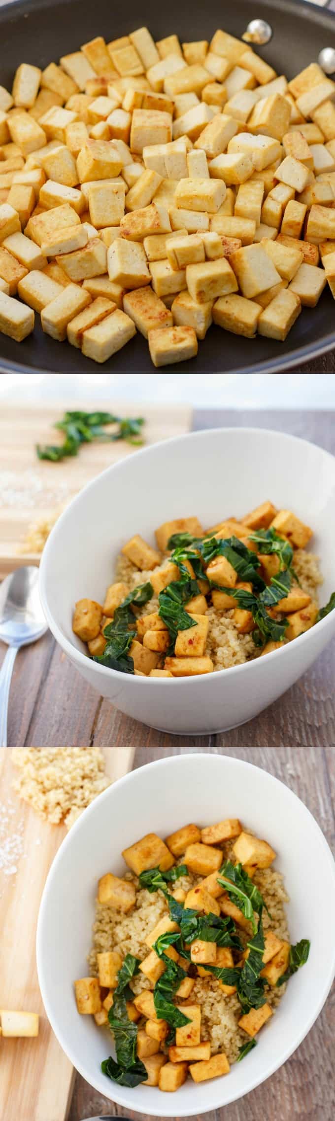 Sweet and Tangy Tofu with Greens over Quinoa in pot, white bowlon table #dinner