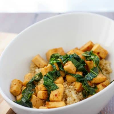 Sweet and Tangy Tofu with Greens over Quinoa