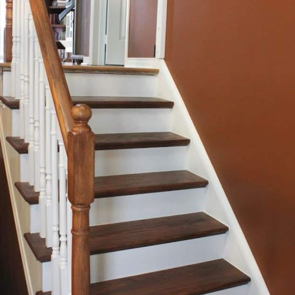 Wooden stairway with railings