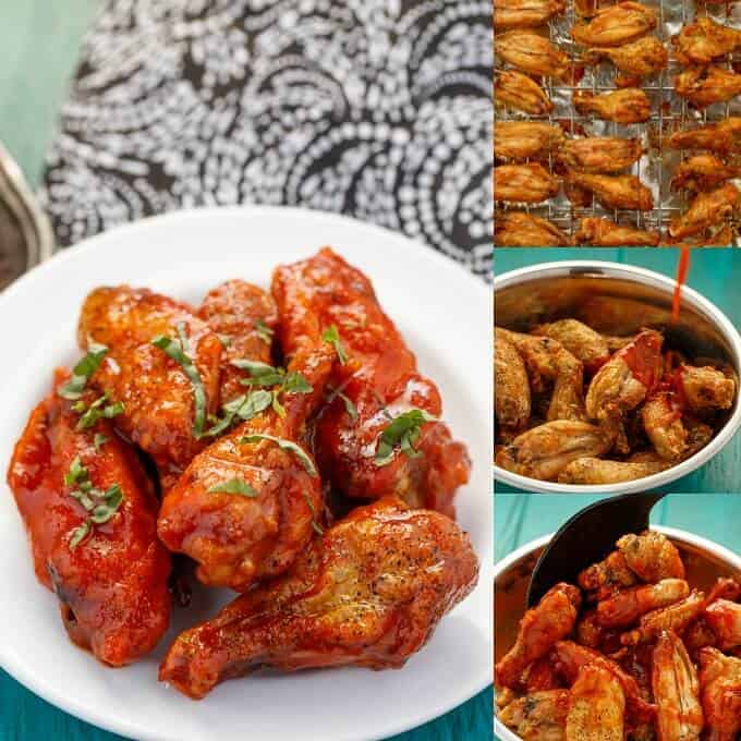 Baked Sriracha Chicken Wings, compialtion of images of making wing on white plate