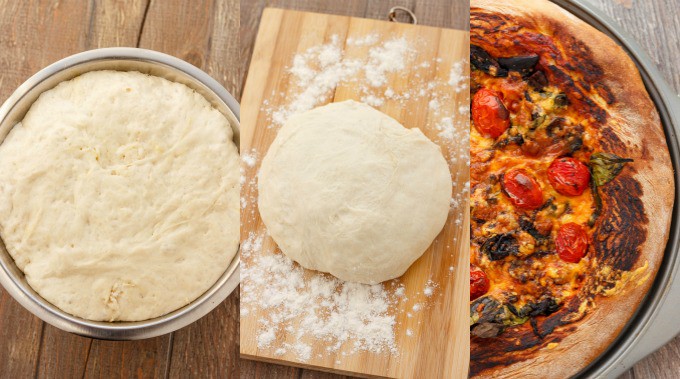 Homemade Pizza Dough  in bowl, on kitchen wooden pad and as pizza#stepbystep