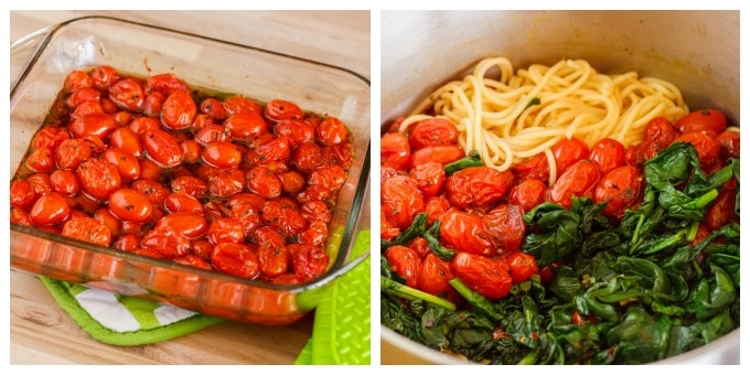 Milestones Tomato Basil Brown Rice Spaghettini in pot, tomatoes in glass container on table