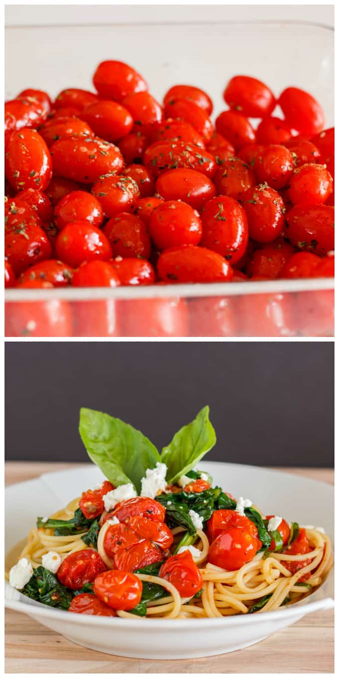 Milestones Tomato Basil Brown Rice Spaghettini on white plate, tomatoes in plastic container