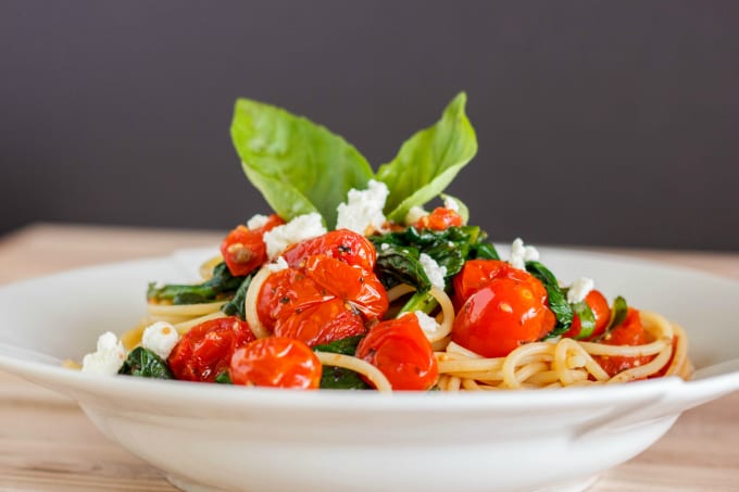 Milestones Tomato Basil Brown Rice Spaghettini dish in white plate