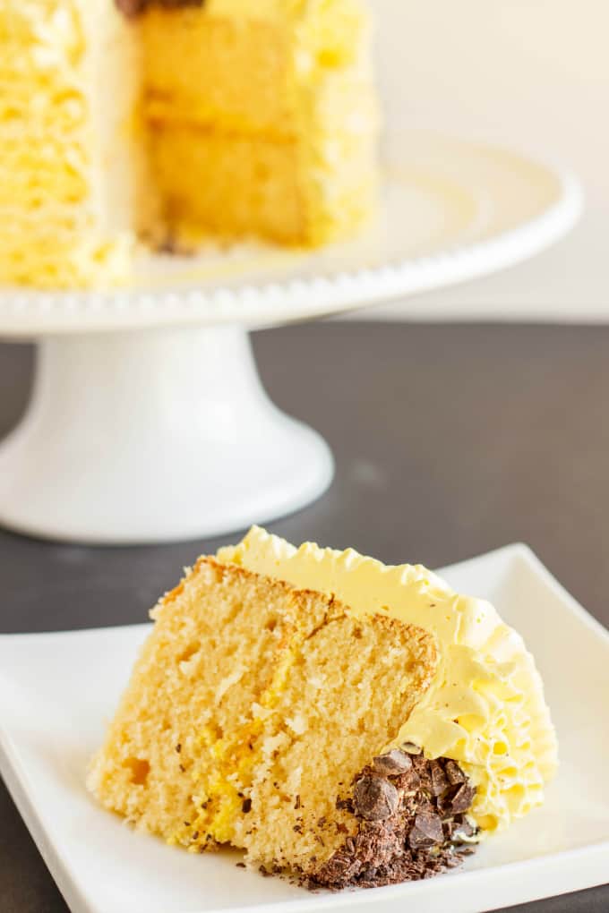 Basic Vanilla Cake slice on white plate, stray with cake on background