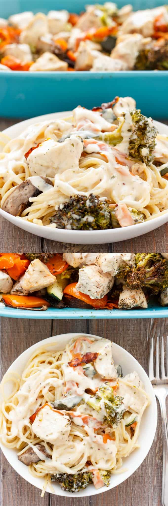 Chicken Fettuccine Alfredo with Veggies dish on white plate, different views #chicken