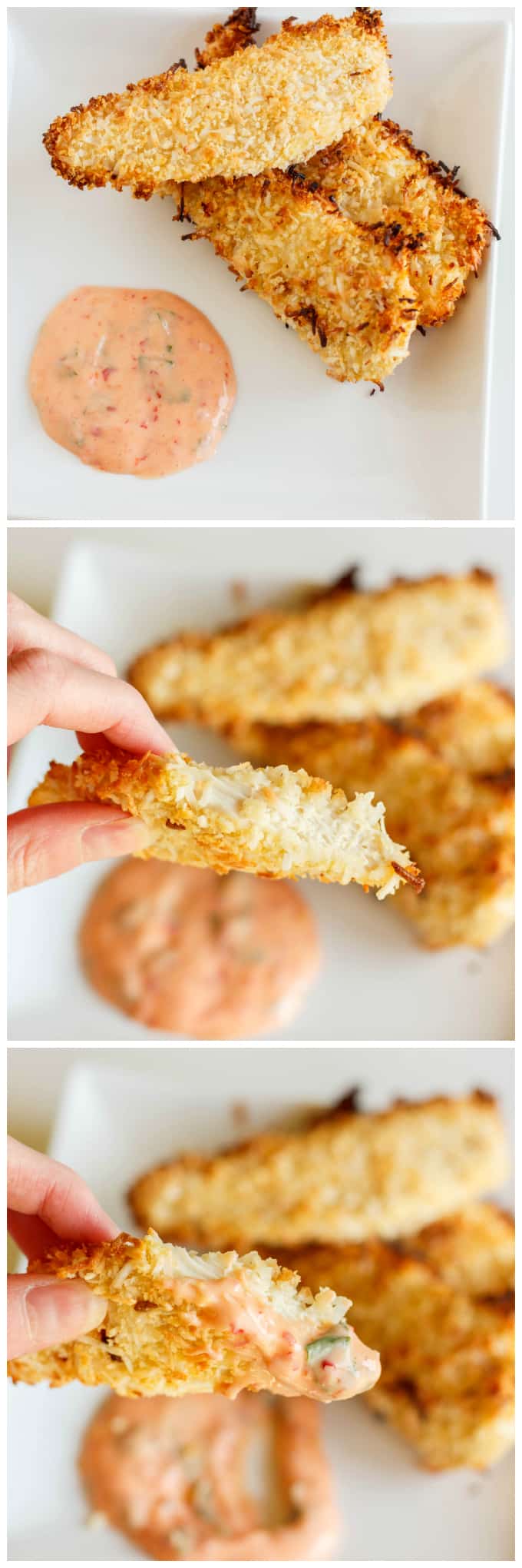 Coconut Breaded Chicken with Chili Garlic Dipping Sauce on white plate, different views