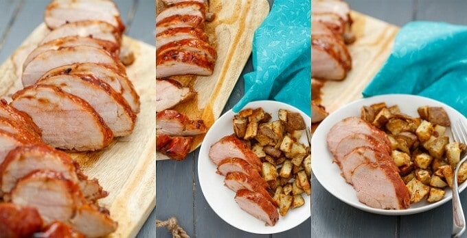 Honey glazed pork tenderloin dinner on multiple images, different views