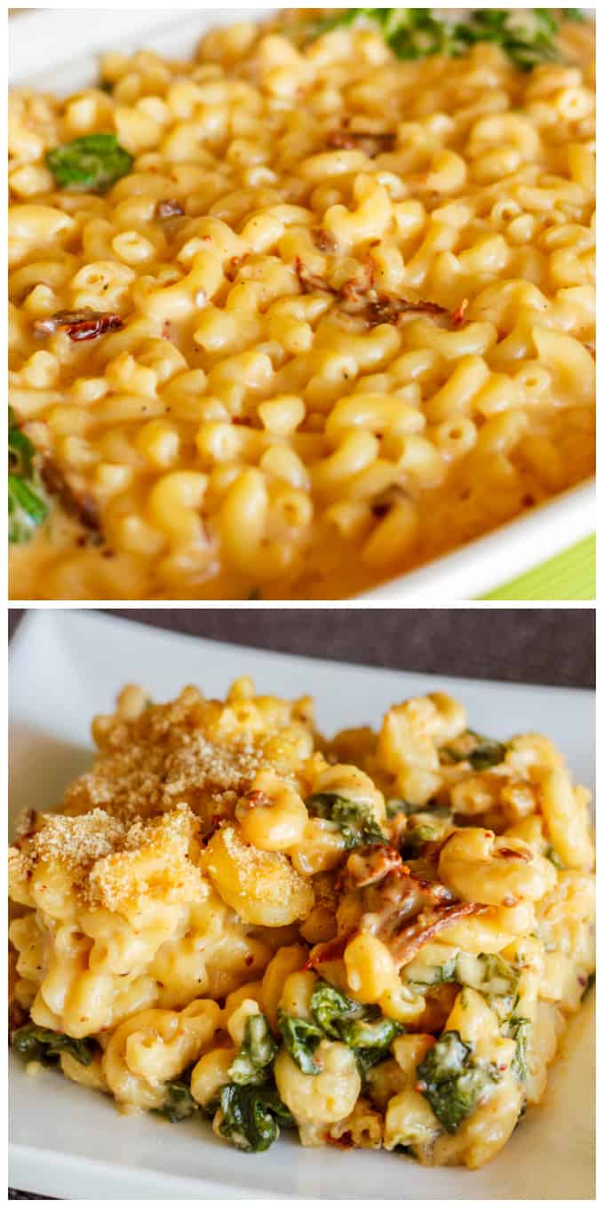 Macaroni and Cheese with Sun-dried Tomatoes and Spinach on white plate in diffrent views