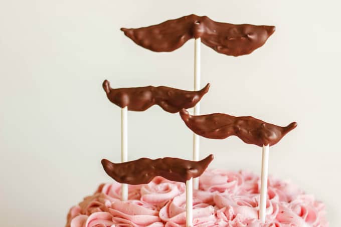 Raspberry Swiss Meringue Buttercream cake with chocolate accesories on sticks