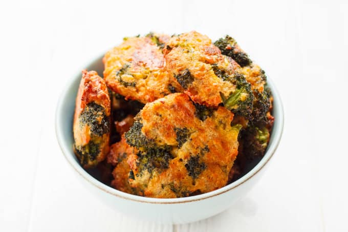 Broccoli Bite Burgers in white bowl on white background