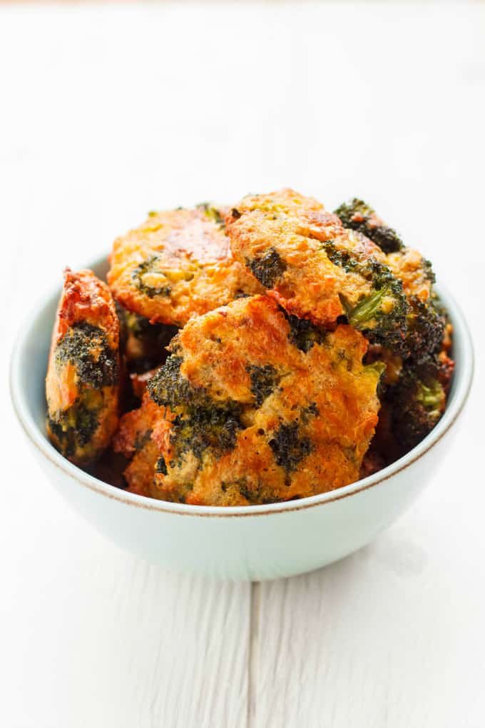 Broccoli Bite Burgers in white bowl, white background