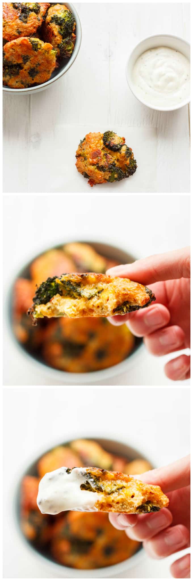 Broccoli Bite Burger held by hand on white background, brocolli bite burger on table near bowls