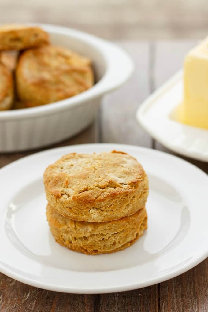 Gluten-Free Biscuits made with Robin Hood Nutri Flour Blend  on white plate, butter and biscuits on the background#glutenfree #biscuits