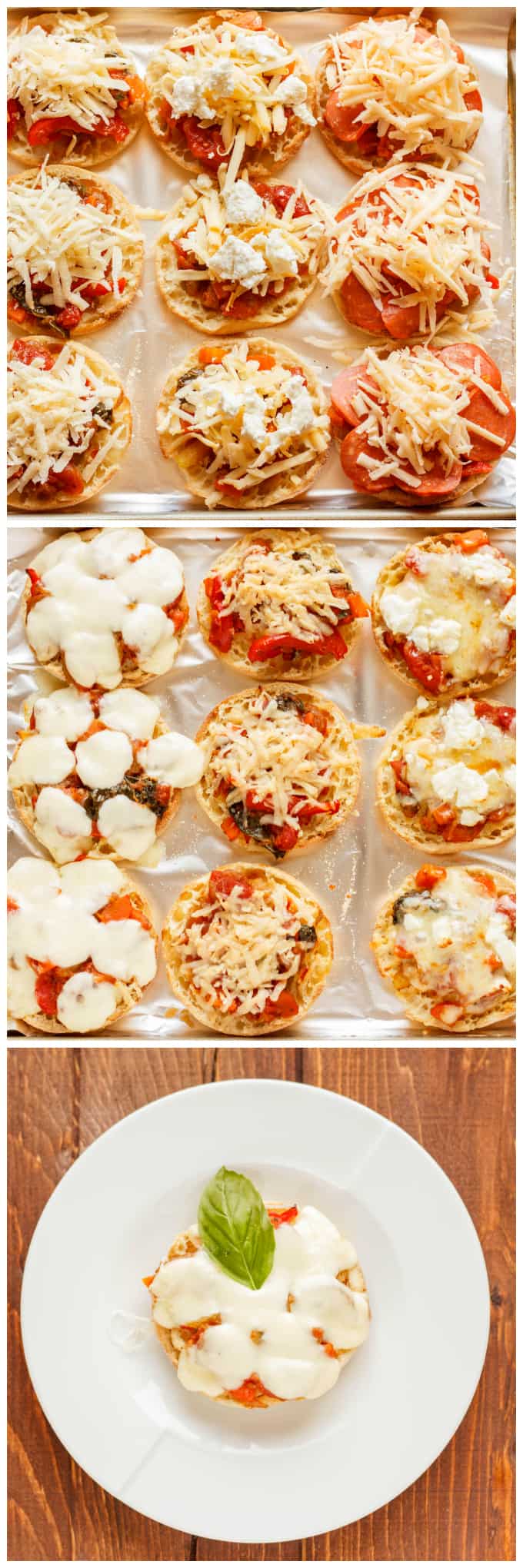 Mini Pizzas on English Muffins next to mini pizza on english muffin  on white plate