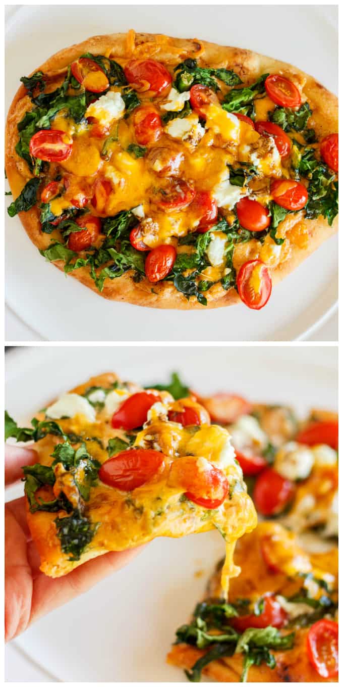 Naan Bread Pizza on white plate, pizza slice held by hand