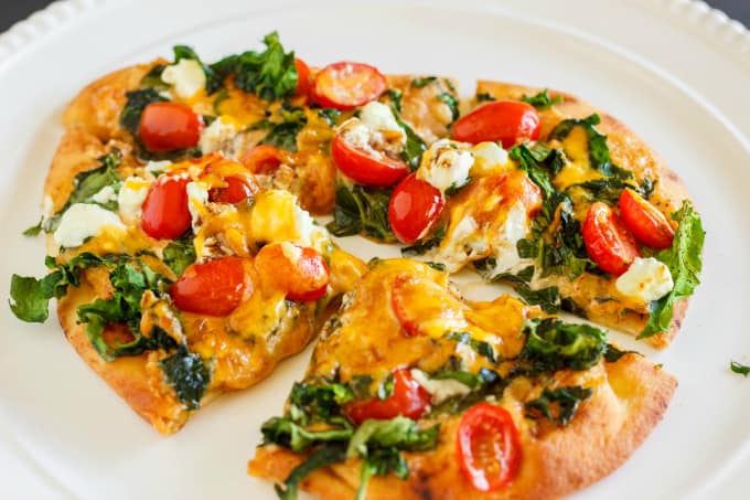 Naan Bread Pizza on white plate