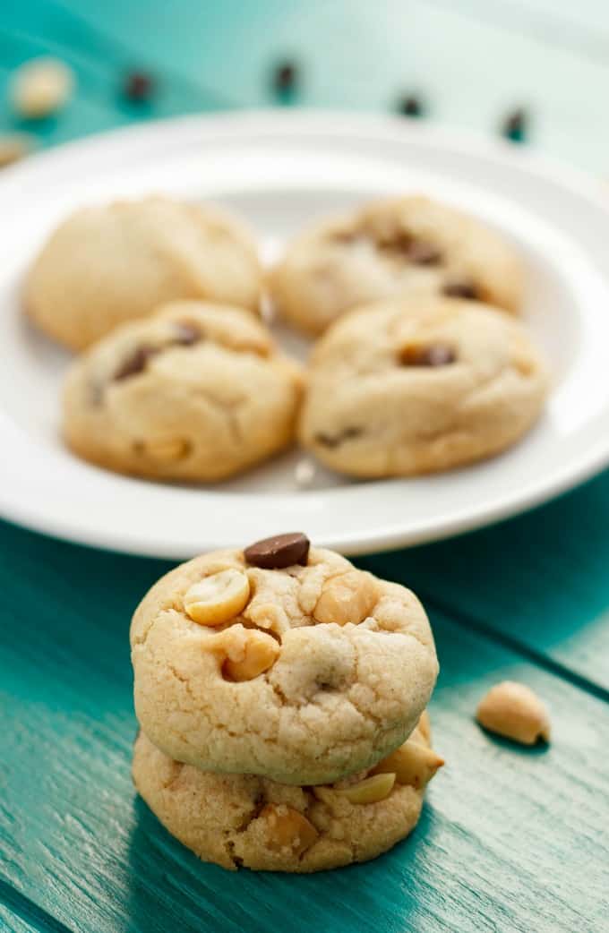 No Butter Chocolate Chip Cookies with Peanuts on blue table white plate background#nobutter