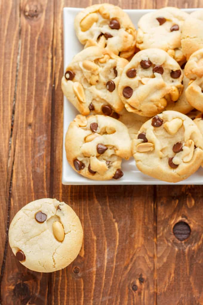 No Butter Chocolate Chip and Peanut Cookies on white table on wooden table