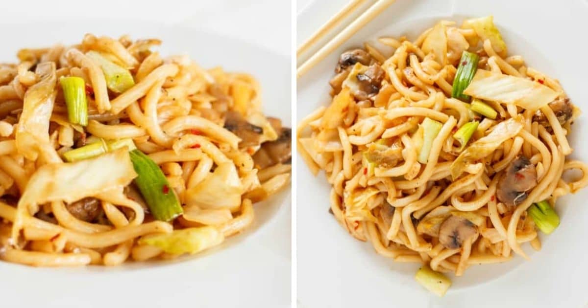 Fried Udon Noodles with Mushrooms and Cabbage - The Cookie Writer