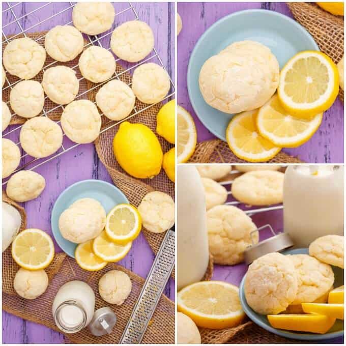 Lemon and Almond Cookie Crinkles on table and small blue plate next to lemons and bottle of milk