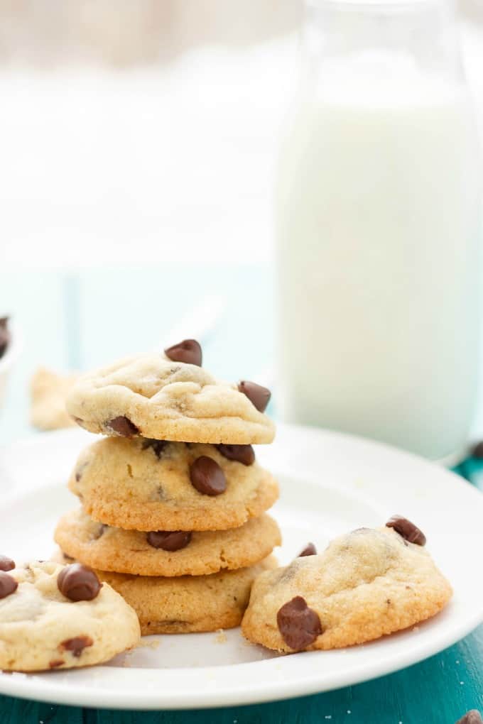 Soft and Chewy Chocolate Chip Cookies  on white plate on blue table#dessert