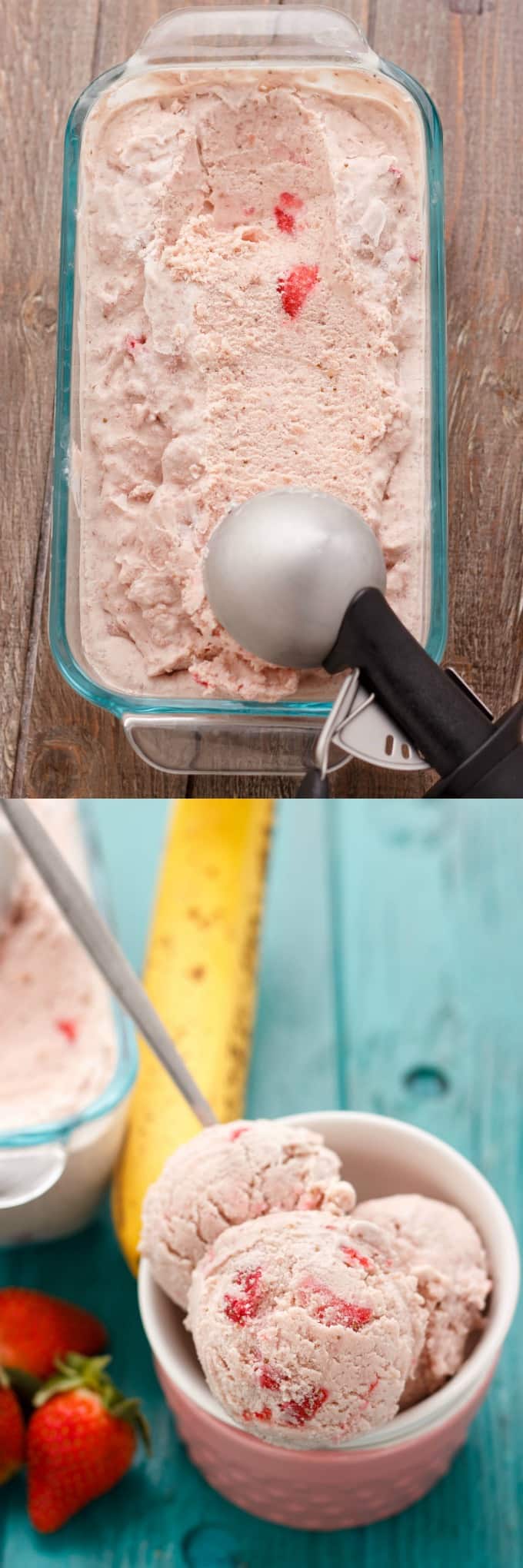 Strawberry Banana Ice Cream  in container picked up by icecream spoon and icecream in bowl on table next to banana and strawberries#dessert