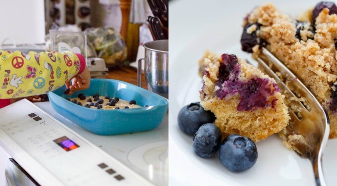 Blueberry Boy Bait cake in the making on stove, cake being sliced by fork on white plate with blueberries#blueberry