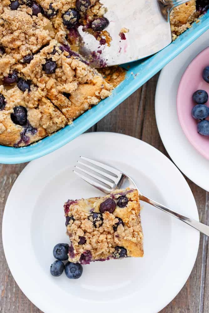 Blueberry Boy Bait cake on white plate with fork and blueberries on table nexto to blueberries and whole cake in pot#vegetarian