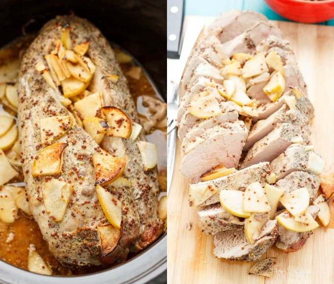 Pork Tenderloin in the Slow Cooker being cooked in pot, pork tenderloin on wooden kitchen pad#glutenfree