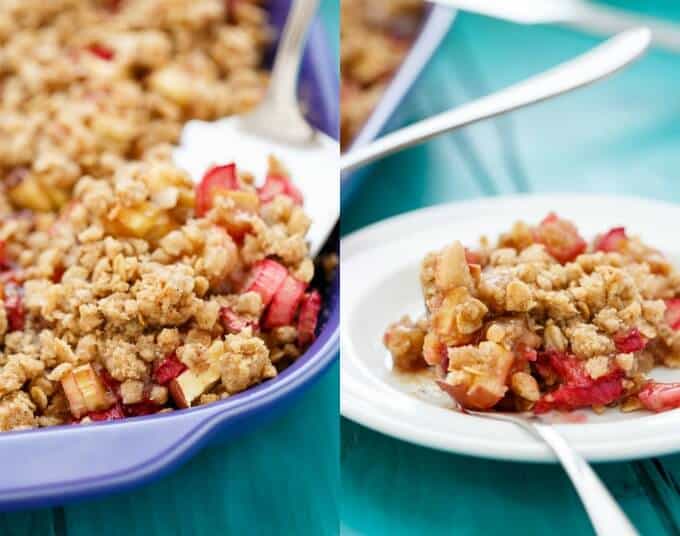 Rhubarb Crumble Brown Betty in purple baking pan with spatula and on white plate with fork on blue table#crumble