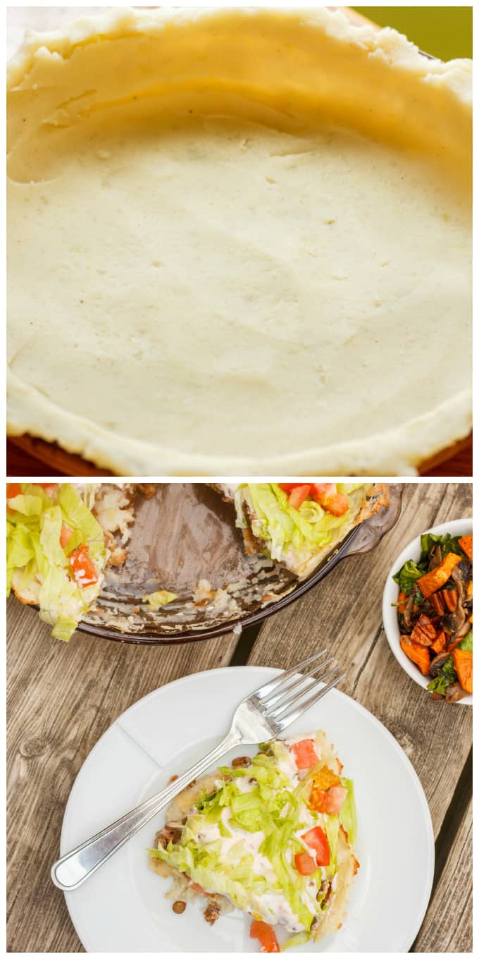 Gluten-Free and Vegan Taco Pie in making, taco pie on white plate with fork on wooden table