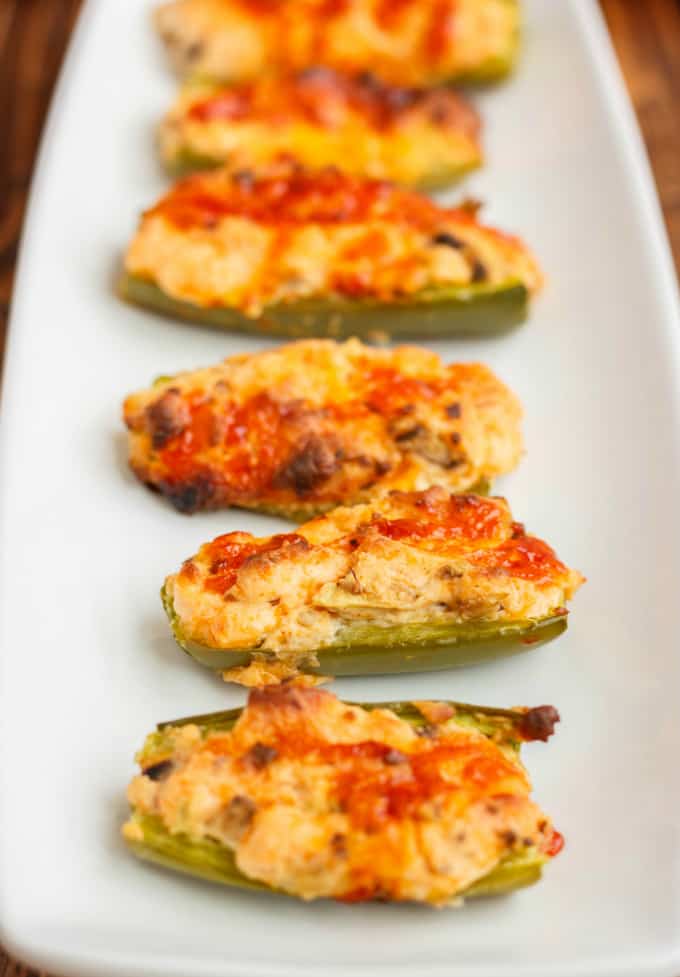 Mushroom and Cheese Stuffed Jalapenos on white plate 