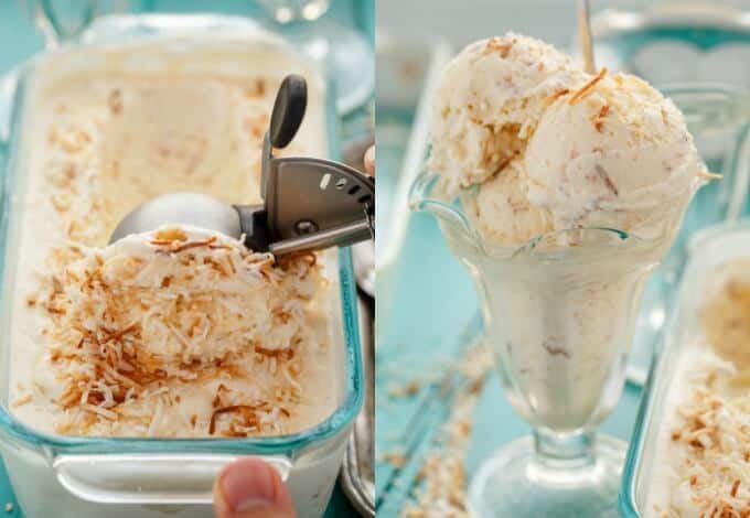 Toasted Coconut Ice Cream in glass jar being picked by icecream spoon, icecream in glass on blue table#scoop