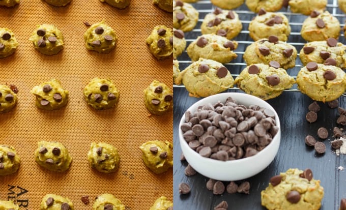 Avocado Chocolate Chip Cookies on orange plate, cookies on black table with bowl of chocolate chips#avocado