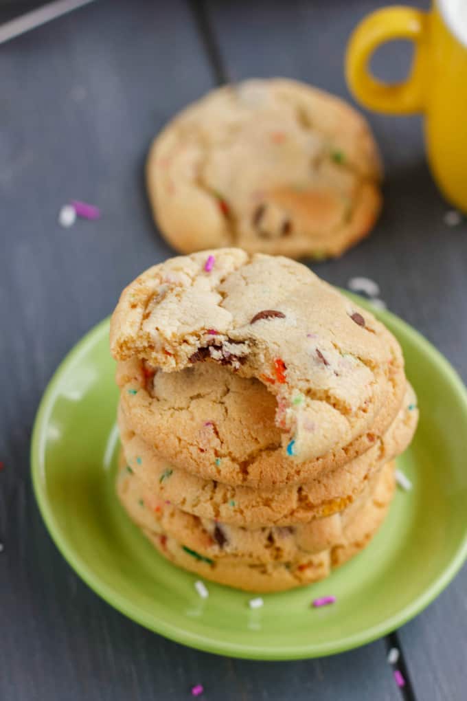 Birthday Cake Chocolate Chip Cookies on green plate and gray table