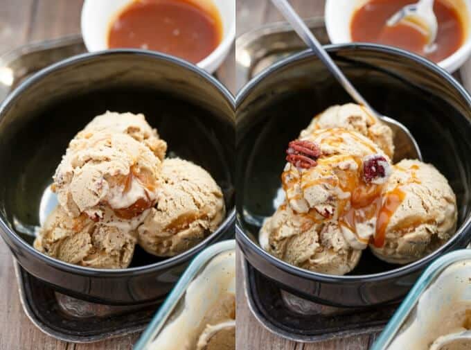 Coffee Ice Cream with Toasted Pecans and a Caramel Swirl in black pot on table#caramel