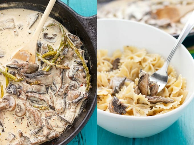 Portobello Mushroom Pasta with Cream Sauce in pan, dish in the white bowl with fork on blue table #cream