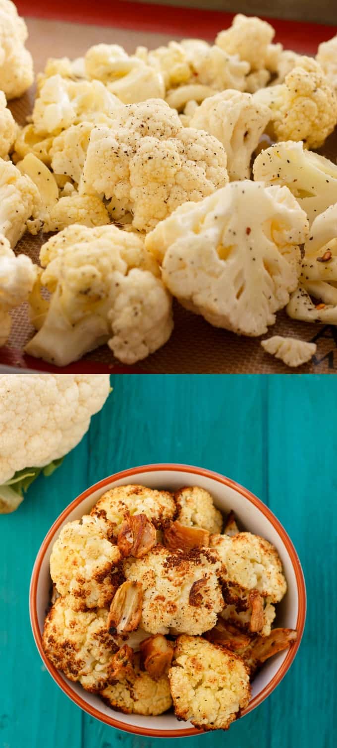 Roasted Cauliflower with Garlic in white bowl on blue table, sliced fresh cauliflower#sidedish