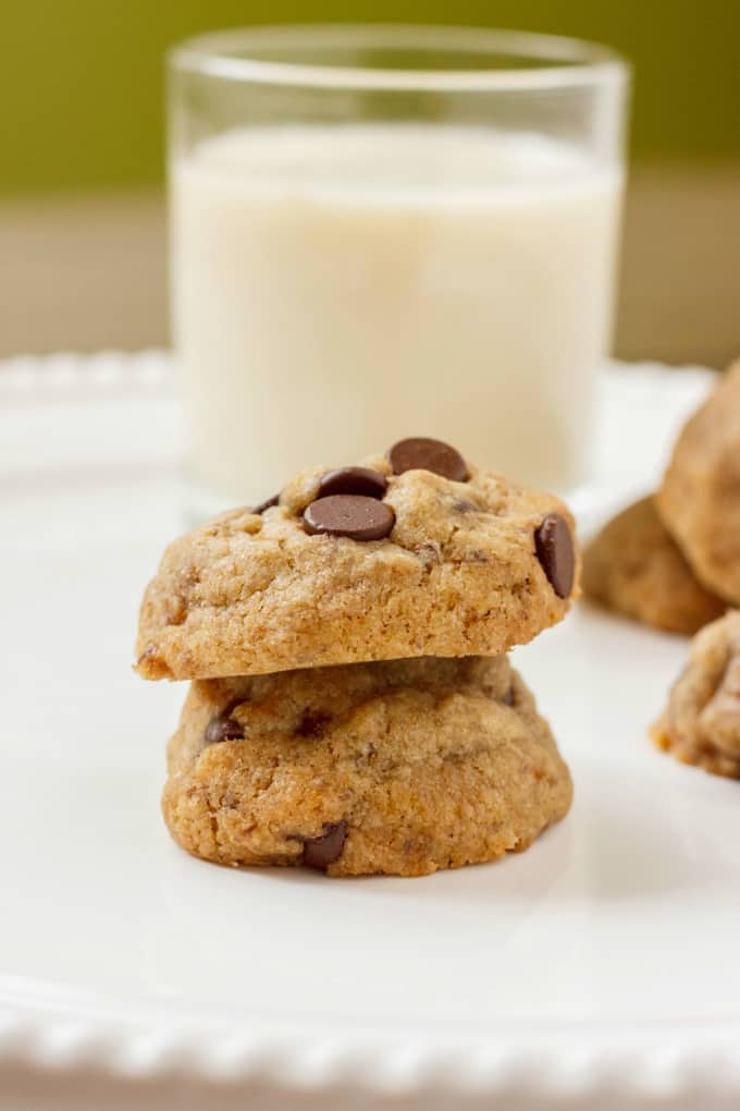 Vegan Chocolate Chip Cookies on white plate with glass of milk