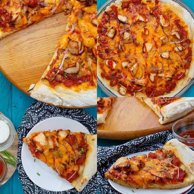 BBQ Chicken Pizza with Mushrooms and Onions on different images on wooden pads and white plates on table