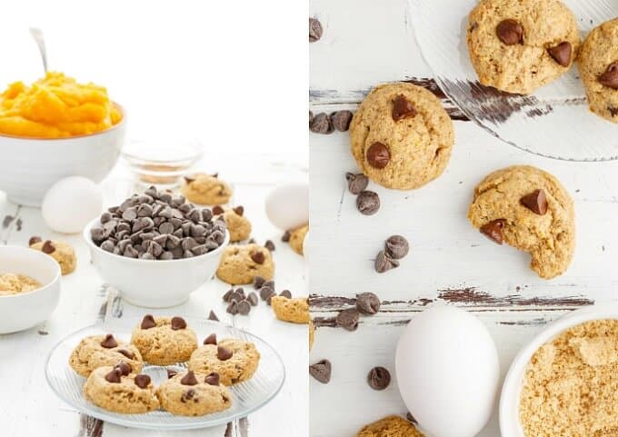 Chocolate Chip Pumpkin Cookies on plates with chocolate chips and bowls of ingredients on white table