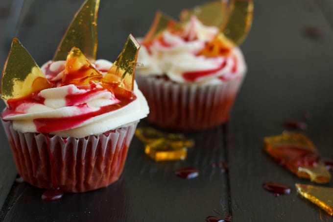Halloween Cupcakes Blood Cupcakes with Broken Beer Bottle Glass Shards on black table