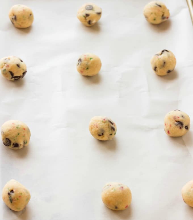 Crushed Candy Cane Chocolate Chip balls on white table