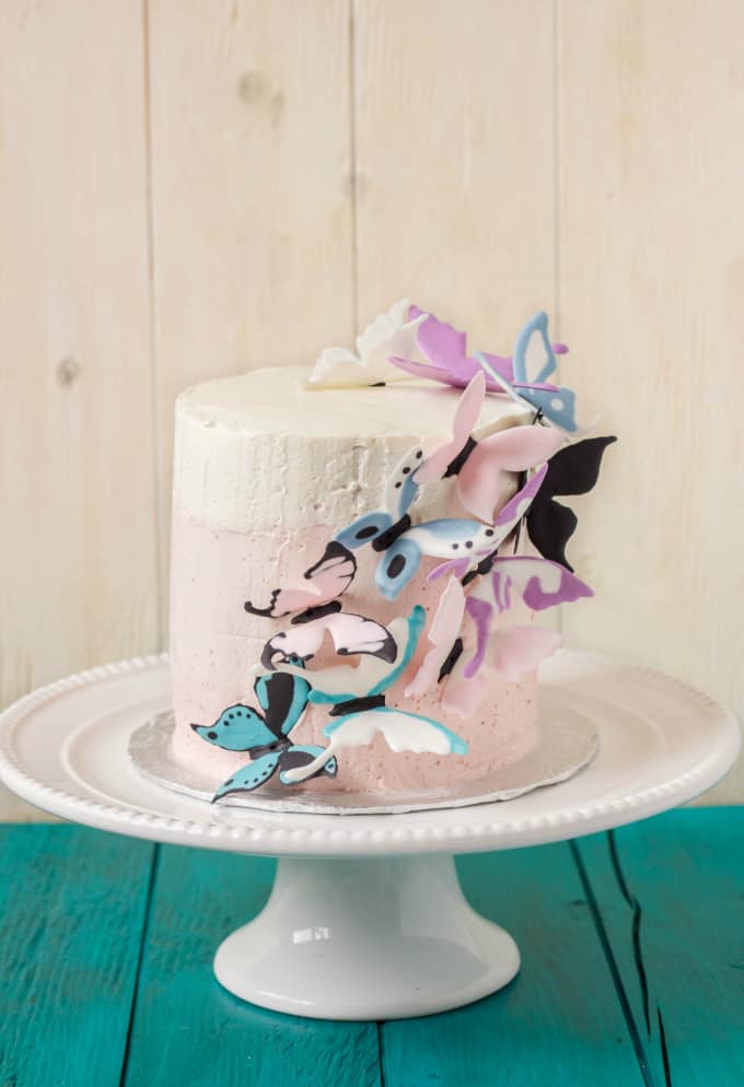 Pink Ombre Cake with Royal Icing Butterflies on white tray on blue table, white background