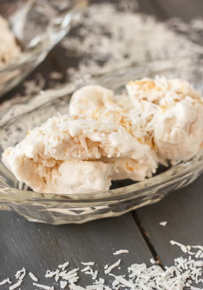 Vegan Toasted Coconut Ice Cream on glass tray on gray table with sliced coconut